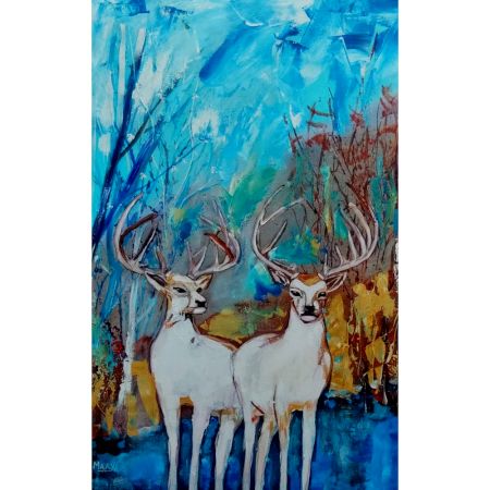 Magnificent Acrylic Painting of Two White Stags in a Jungle by Artist Dr. Maya Subramoni 30 x 20 Inches